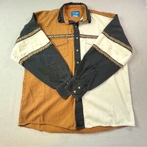 Wrangler Western Shirt Brown Black White Aztec Trim Men’s Size XL Long Sleeve
